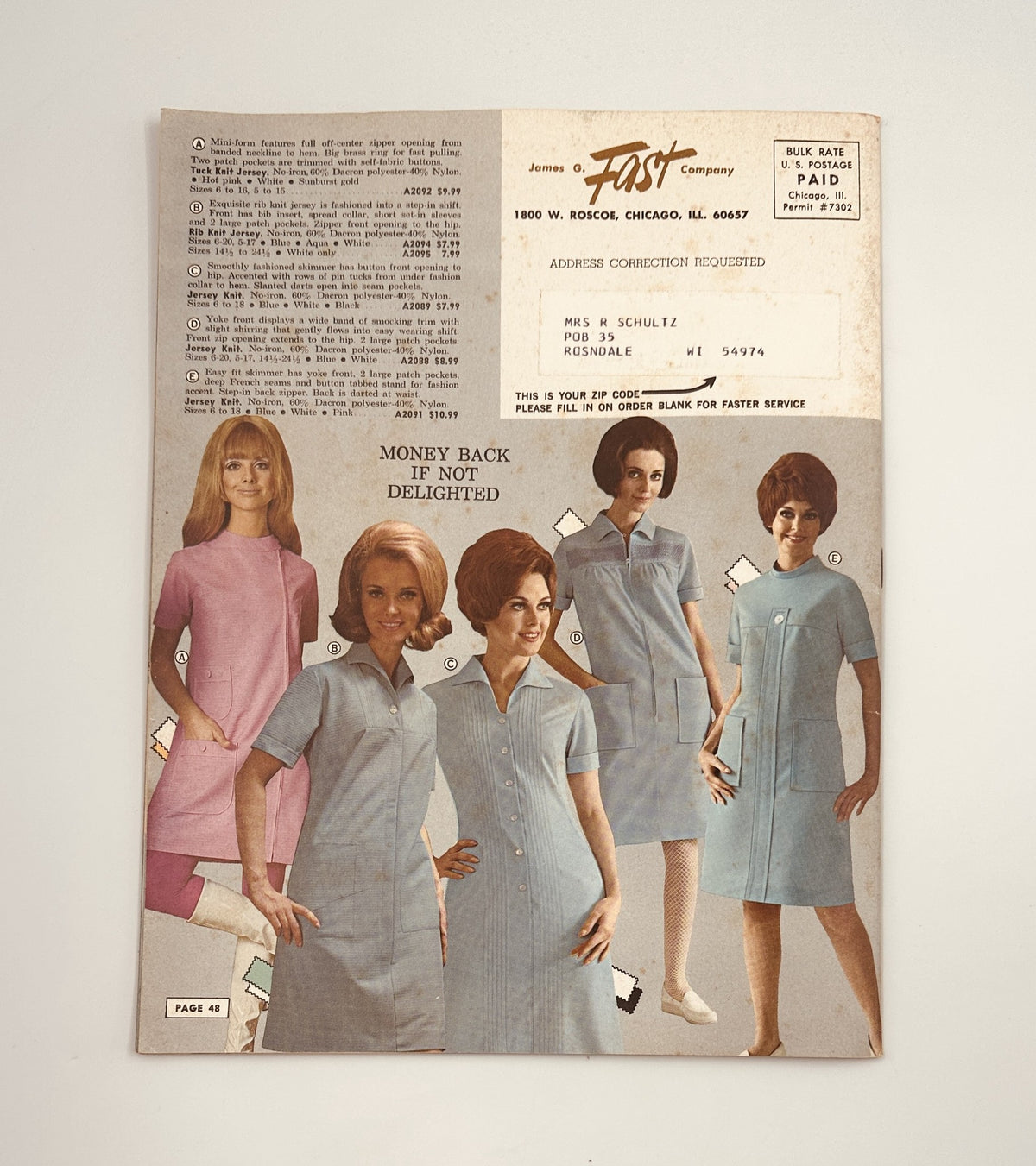 Another page from the 1968 James G. Fast Catalog displaying nurse dresses and smocks, capturing the fashion trends of mid-century medical apparel.