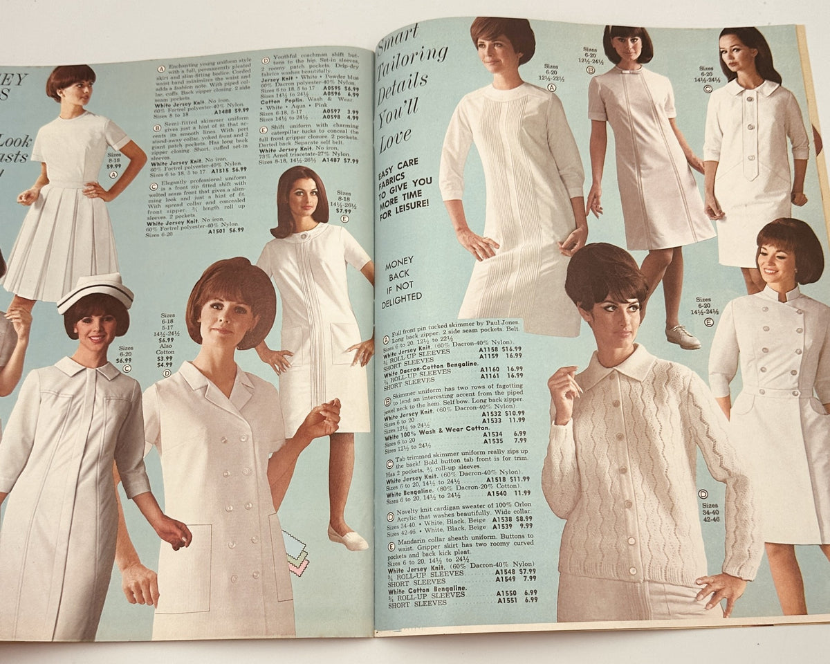 Models in white nursing dresses from the 1967 James G. Fast catalog, highlighting smart tailoring and easy-care fabrics in professional women's wear.