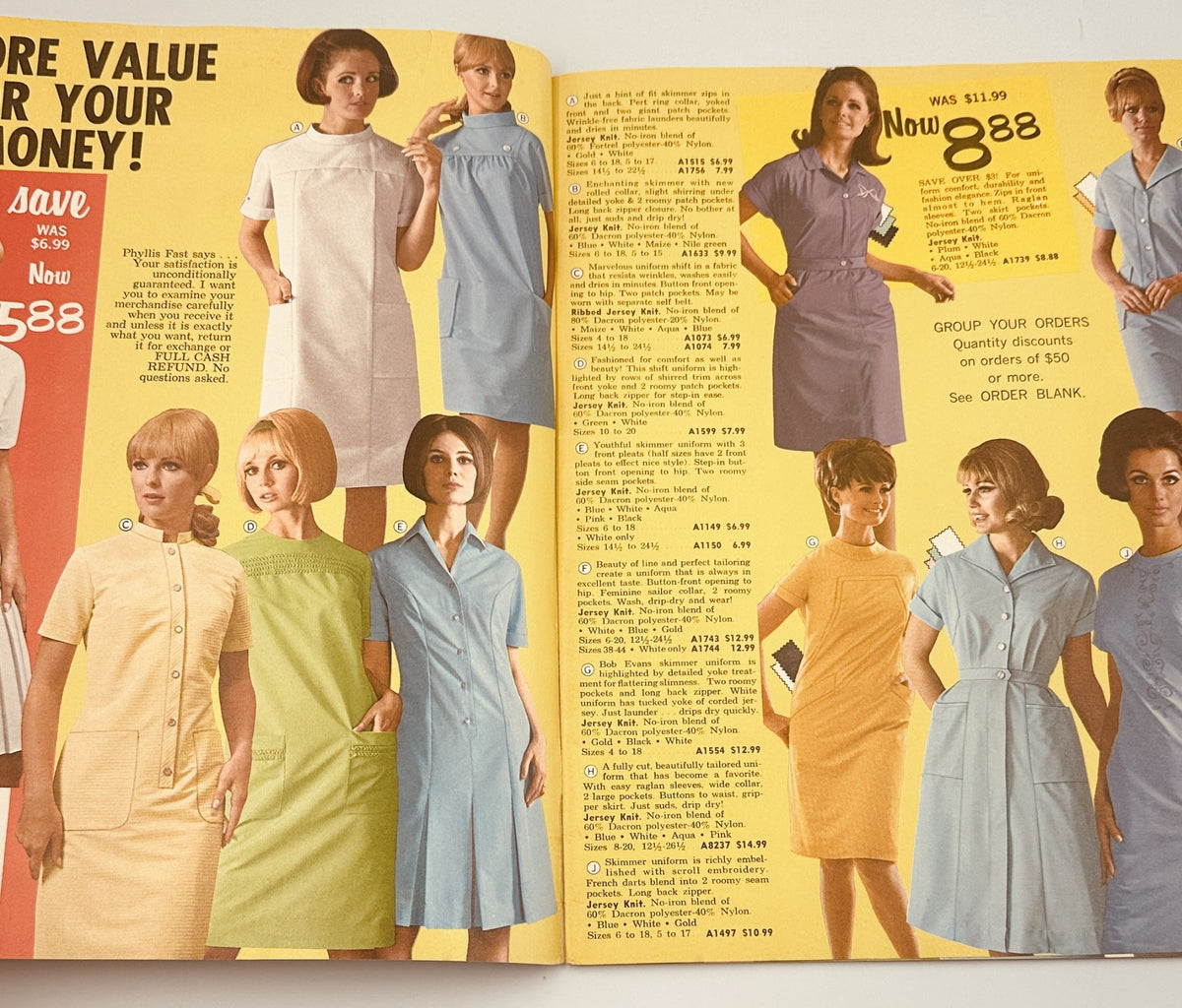 Inside spread of the James G. Fast Catalog 1967 showcasing various outfits under the Stretch Your Dollar Sale with pricing details.