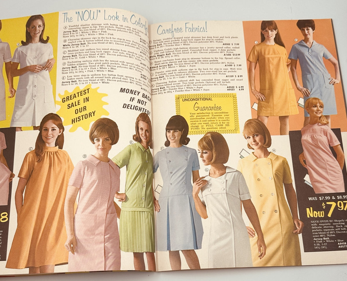 Inside spread of the 1967 James G. Fast Catalog illustrating stylish dresses and uniforms available during the Stretch Your Dollar Sale.