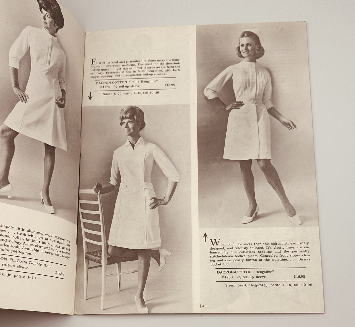 Fall/Winter 1969-1970 Nurse Uniforms - Uniform Center Catalog, featuring stylish female models showcasing a range of nurse uniforms in white fabric, highlighting professional medical fashion.