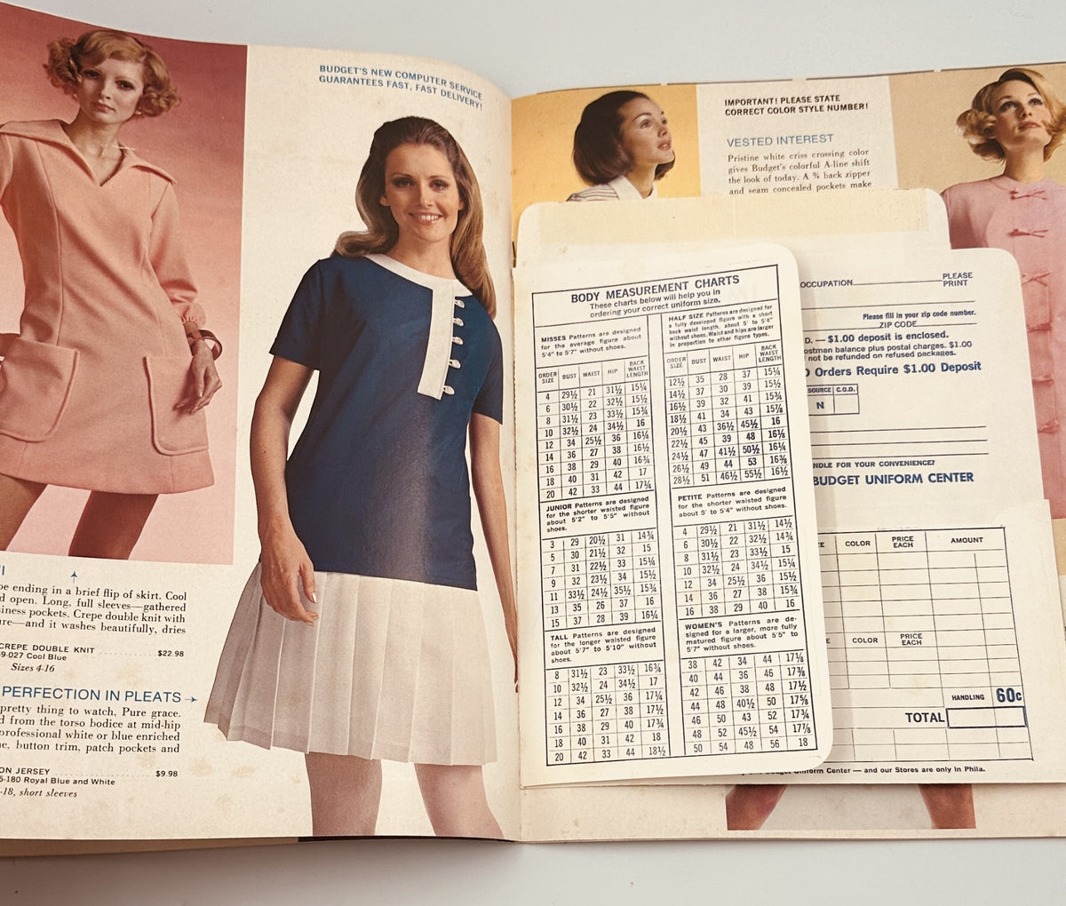 Page of the Budget Uniform Center Catalog Summer 1969 featuring different nurse uniform designs, along with body measurement charts for accurate sizing.