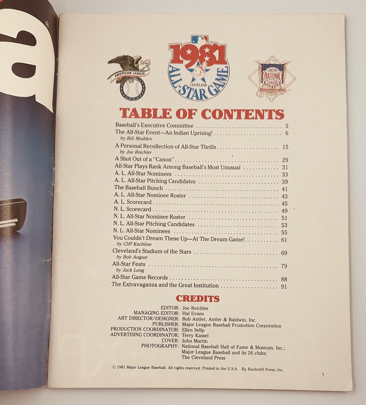Table of contents from the All-Star Game Magazine 1981 Cleveland Official Program Baseball, outlining key articles and features.