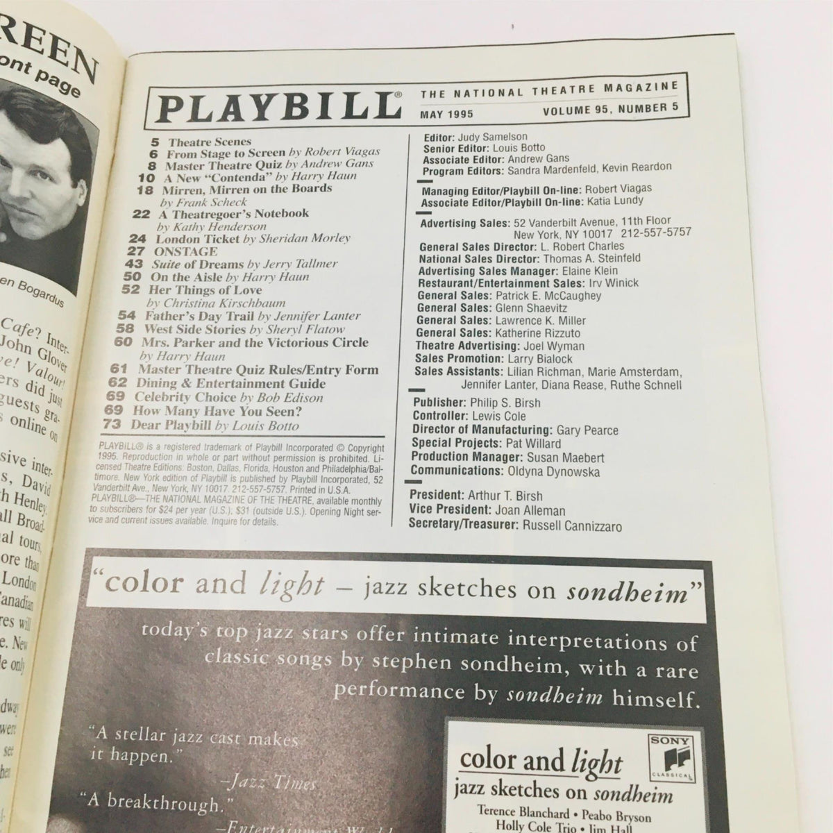 Inside page of the 1995 Playbill for Fortune's Fool showcasing articles and features from the May issue of the National Theatre Magazine.