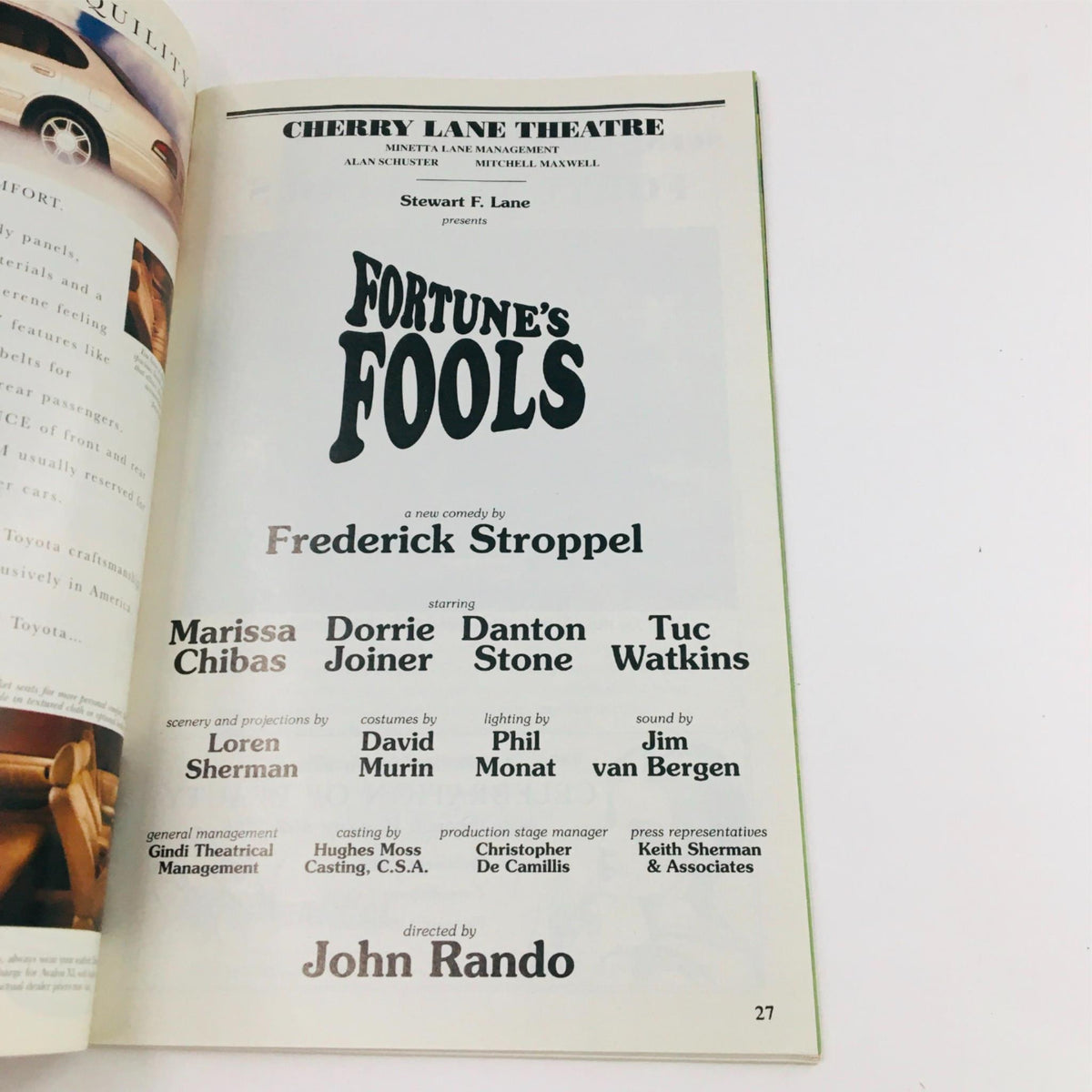 Cast and production details for the 1995 Playbill of Fortune's Fool, directed by John Rando at Cherry Lane Theatre.