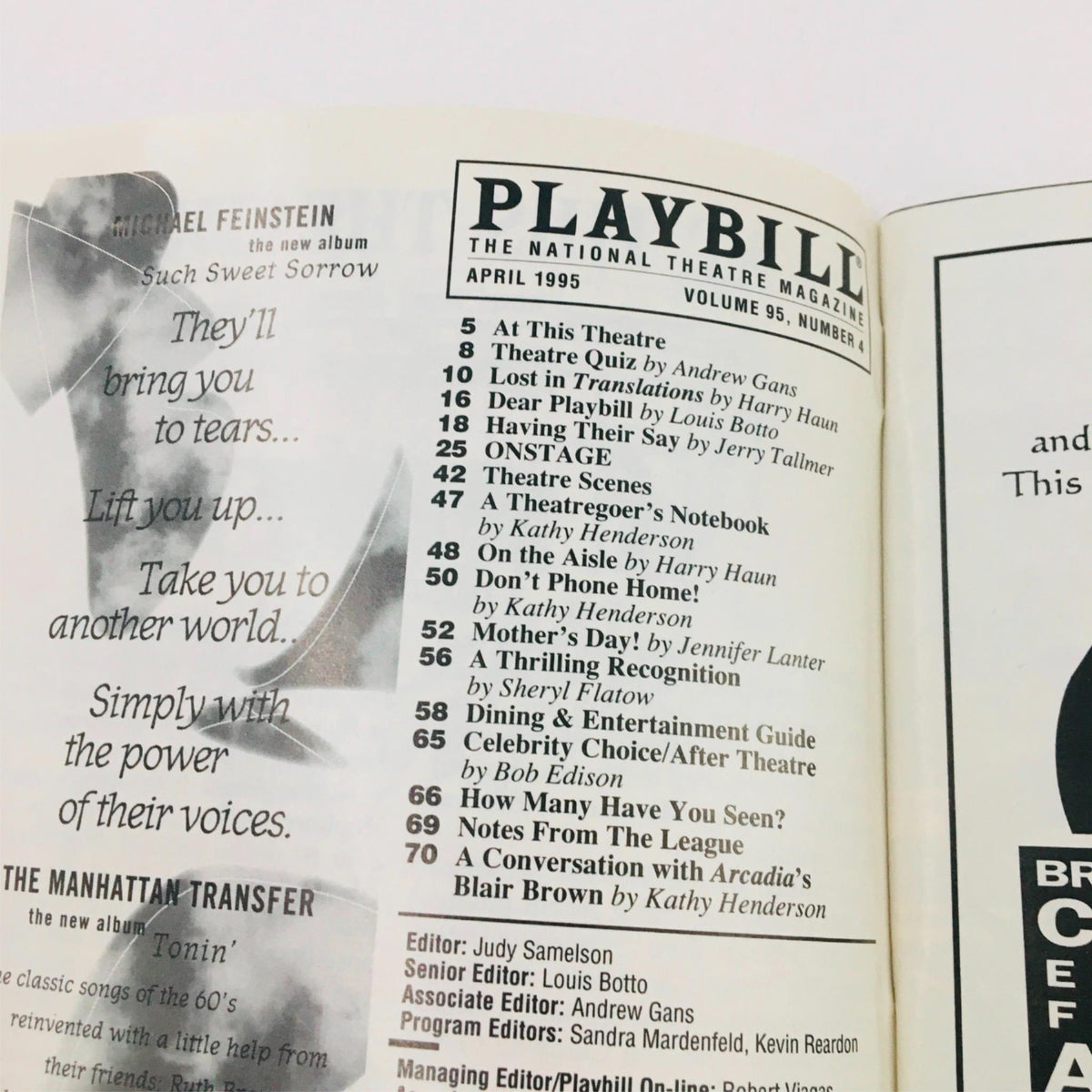 Inside view of the 1995 Playbill for The Heiress by Ruth and Augustus Goetz, featuring the table of contents and various articles associated with the performance at Cort Theatre.