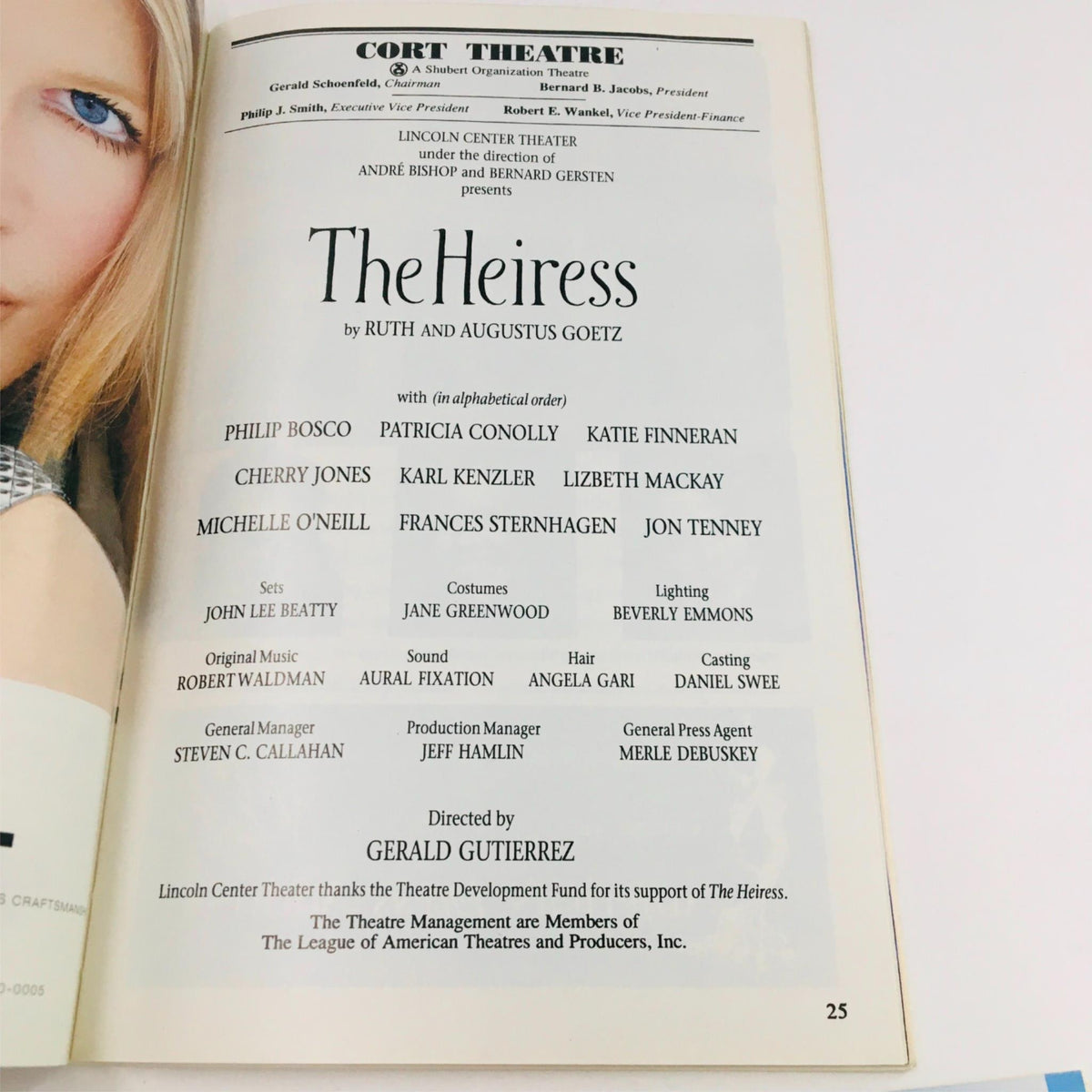Back cover of the 1995 Playbill for The Heiress by Ruth and Augustus Goetz, showcasing cast and crew credits at Cort Theatre.