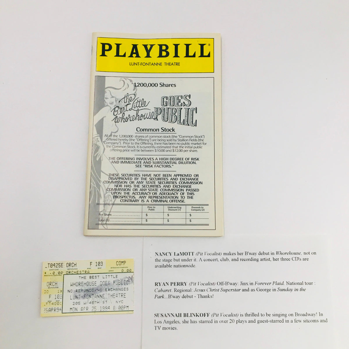 1994 Playbill for The Best Little Whorehouse Goes Public at Lunt-Fontanne Theatre featuring original cast details and production information.