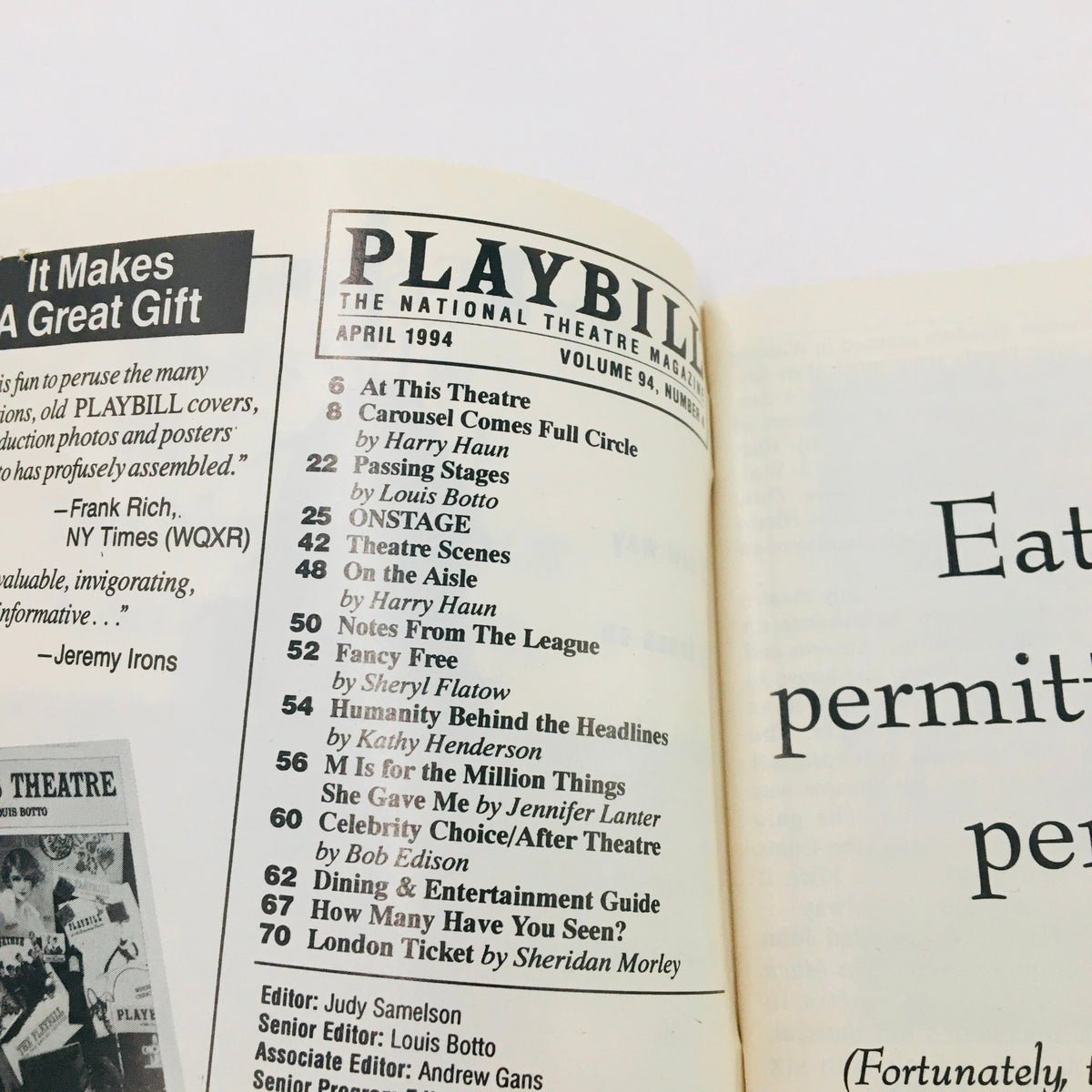 Interior page of the April 1994 Playbill, showcasing various theatre listings and the title 'The Best Little Whorehouse Goes Public' featuring Larry King.