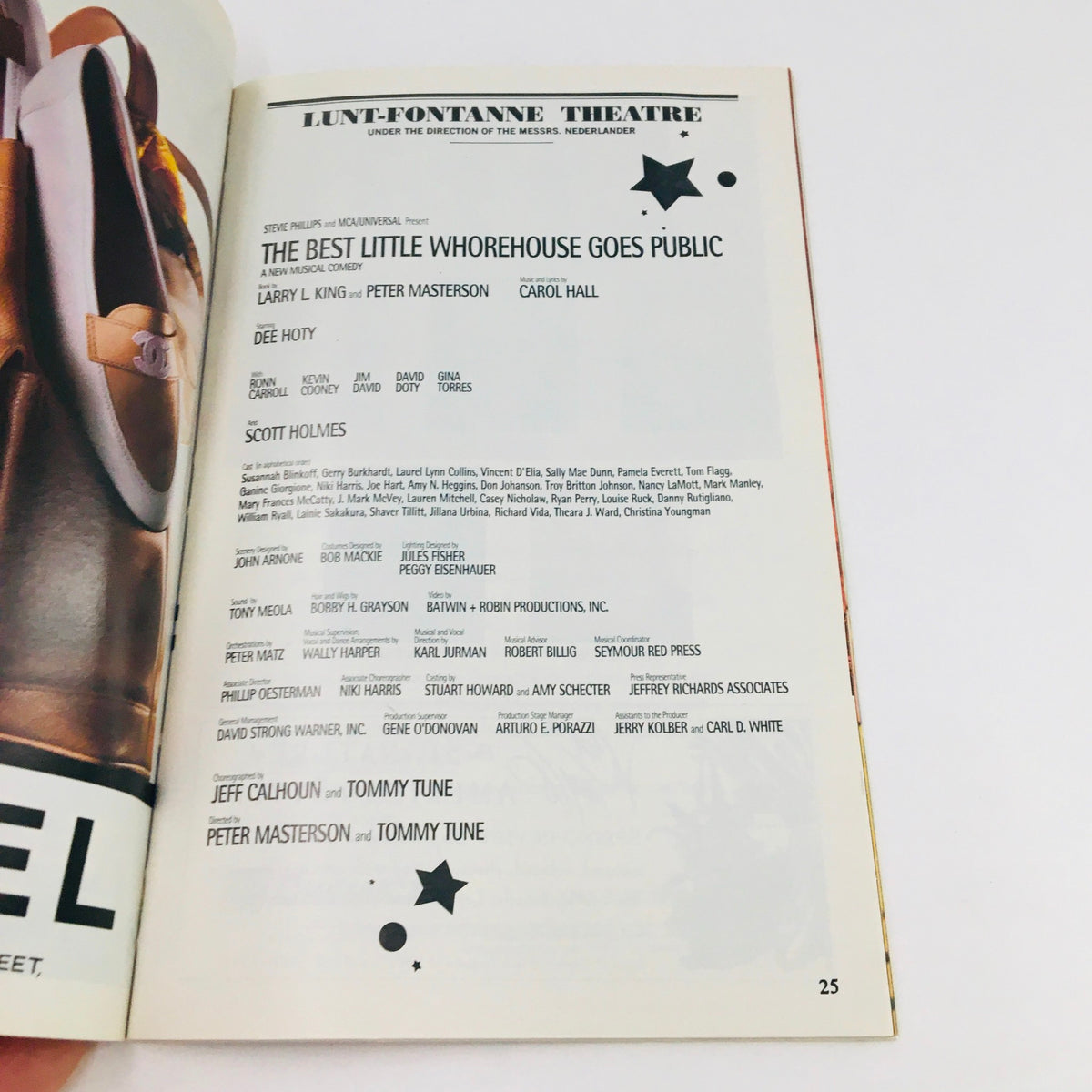 Another interior page of the 1994 Playbill, highlighting cast and crew details for 'The Best Little Whorehouse Goes Public' at the Lunt-Fontanne Theatre.