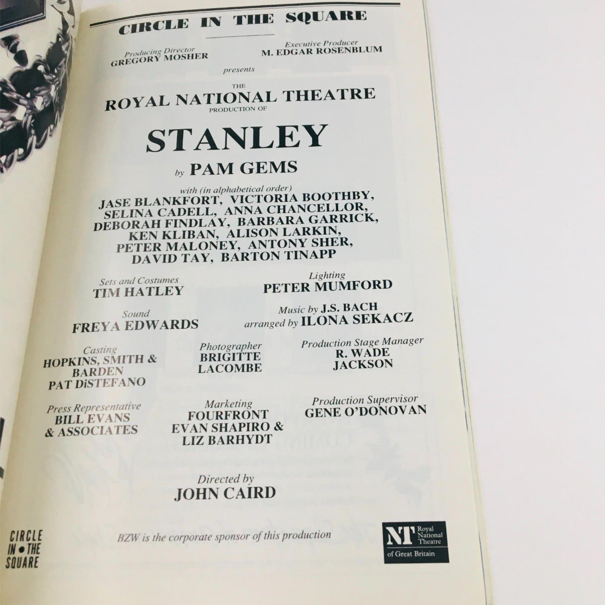 1997 Playbill for Stanley by Pam Gems, featuring cast and crew details from the Royal National Theatre production at Circle In The Square.