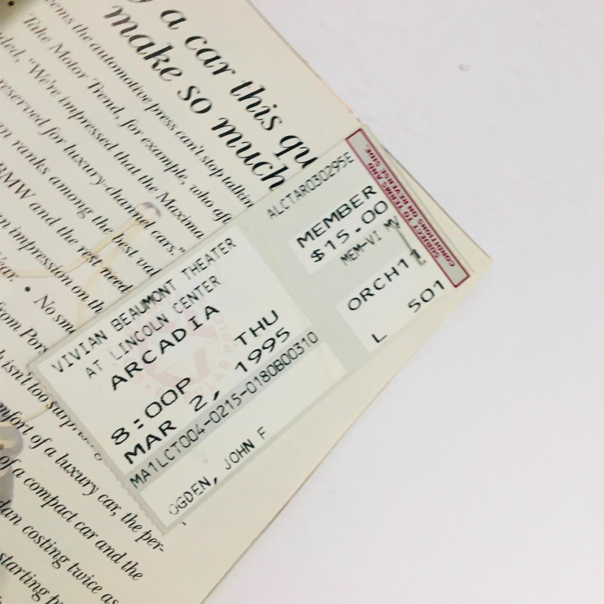 Original ticket stub for the 1995 Playbill Arcadia at Lincoln Center Theatre, detailing the performance date, time, and seat location.