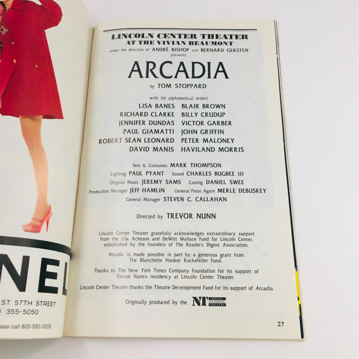 Credits page from the 1995 Playbill Arcadia by Tom Stoppard, listing the cast and crew members and acknowledging the direction by Trevor Nunn at Lincoln Center Theatre.