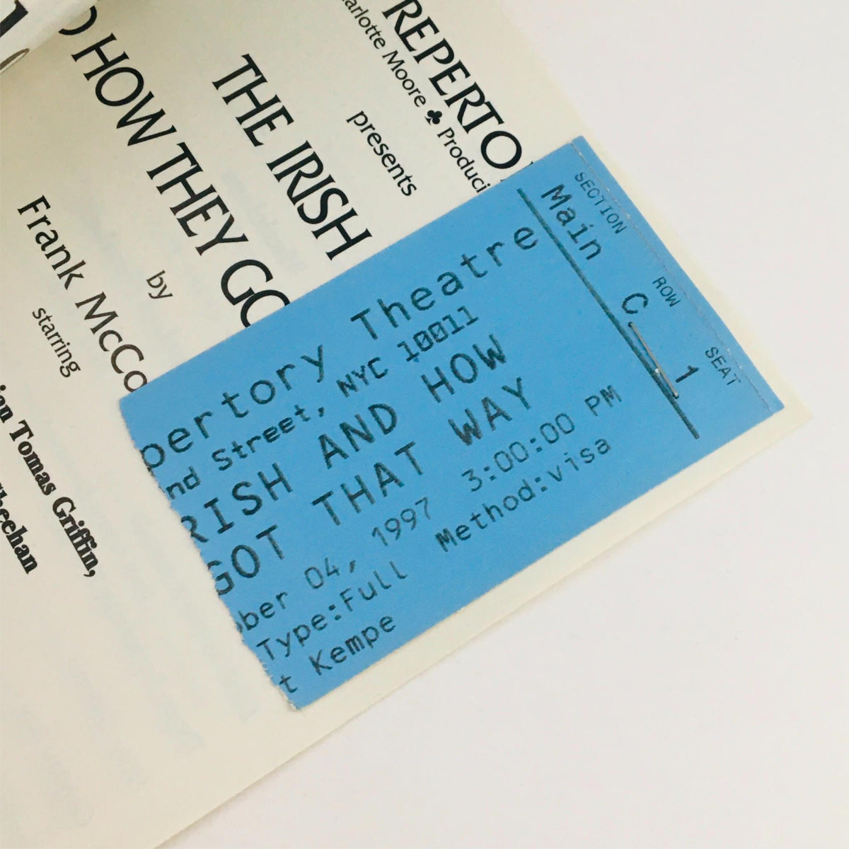 1997 Playbill ticket for The Irish And How They Got Away, clearly displaying the performance date and venue details, highlighting the live theater experience.