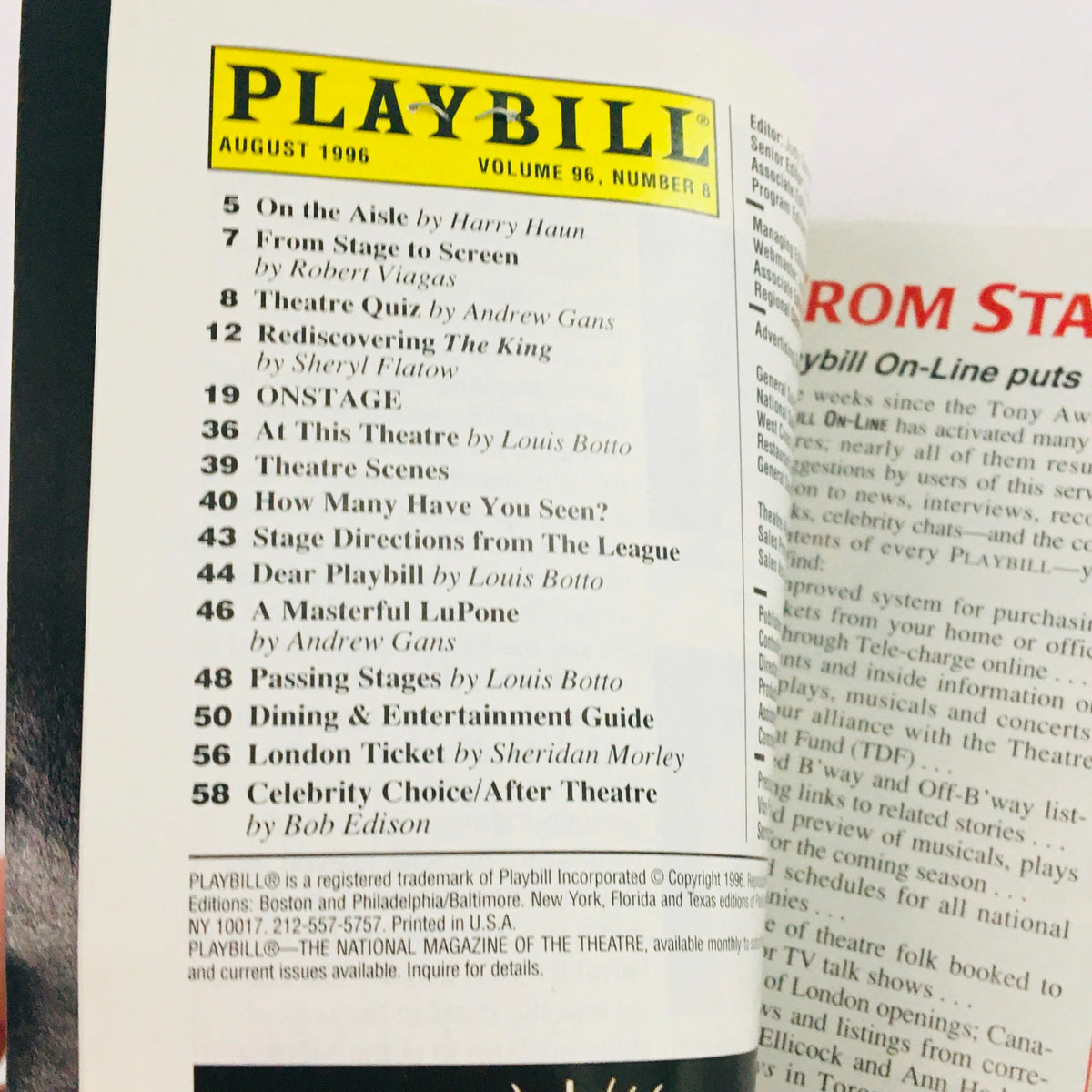 Inside page of the 1996 Playbill for The Boys In The Band, listing articles, theatre scenes, and theatre-related content.