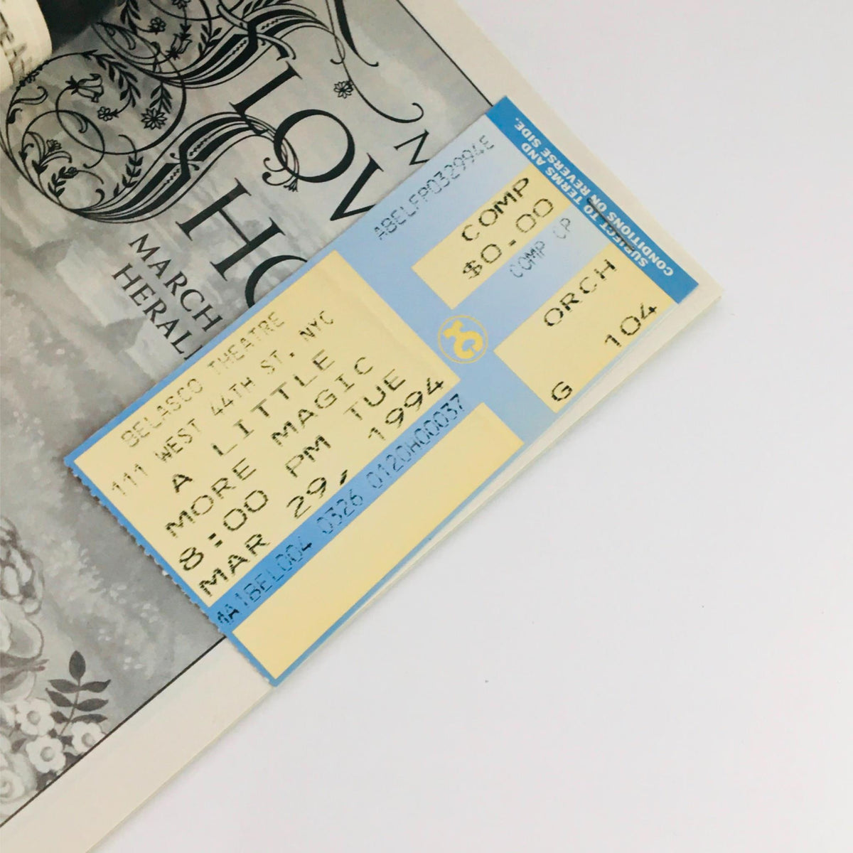 Original ticket stub from the 1994 performance of 'A Little More Magic' by Diane Lynn Dupuy at Belasco Theatre, dated March 29, 1994.