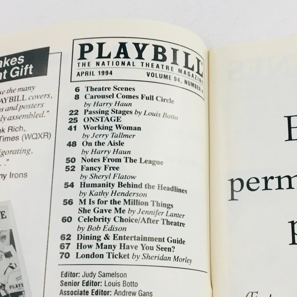 Page from the 1994 Playbill for Four Dogs and a Bone displaying the National Theatre Magazine contents with references to productions and articles.