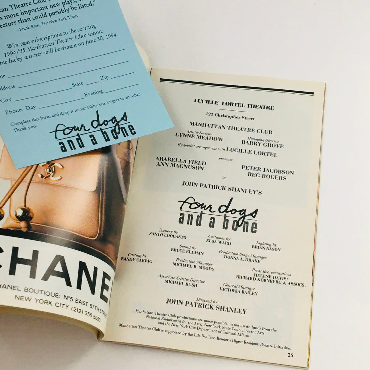 Another interior page of the 1994 Playbill for Four Dogs and a Bone, featuring additional promotional material and credits for the theatrical production.