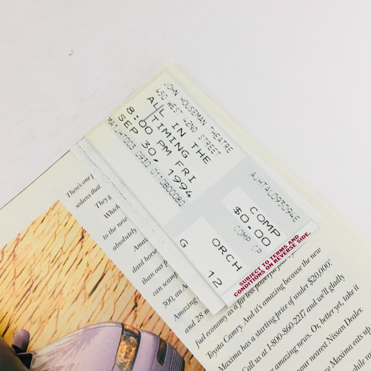 Original ticket from the 1994 Playbill performance of 'All In The Timing' by David Ives at John Houseman Theatre, featuring date and seating details.