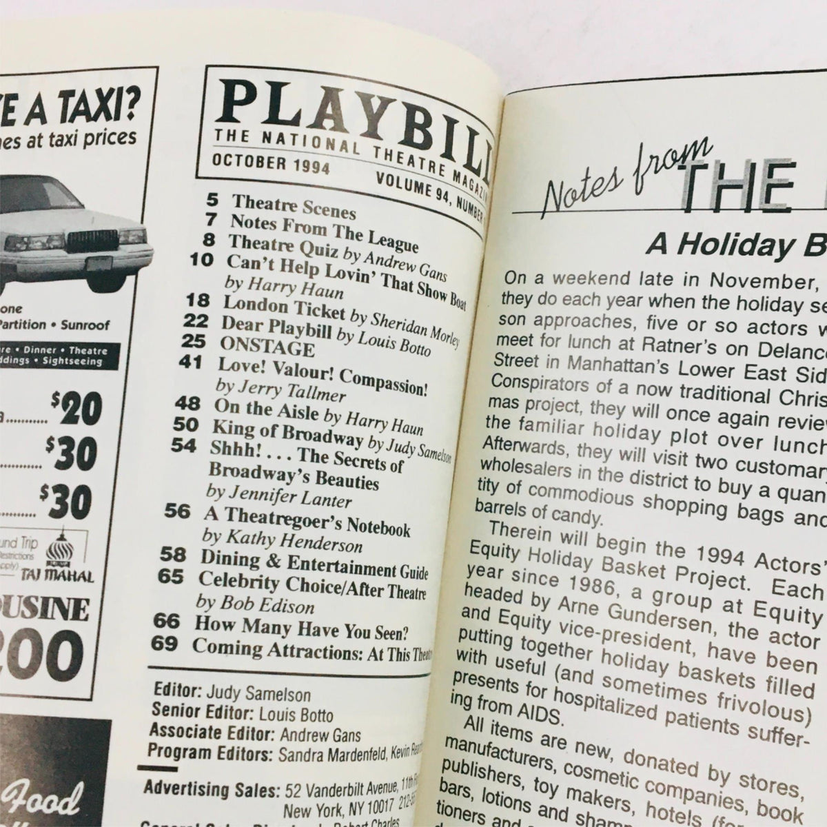Inside page of the October 1994 Playbill featuring listings and notes, showcasing 'All In The Timing' by David Ives among other productions.