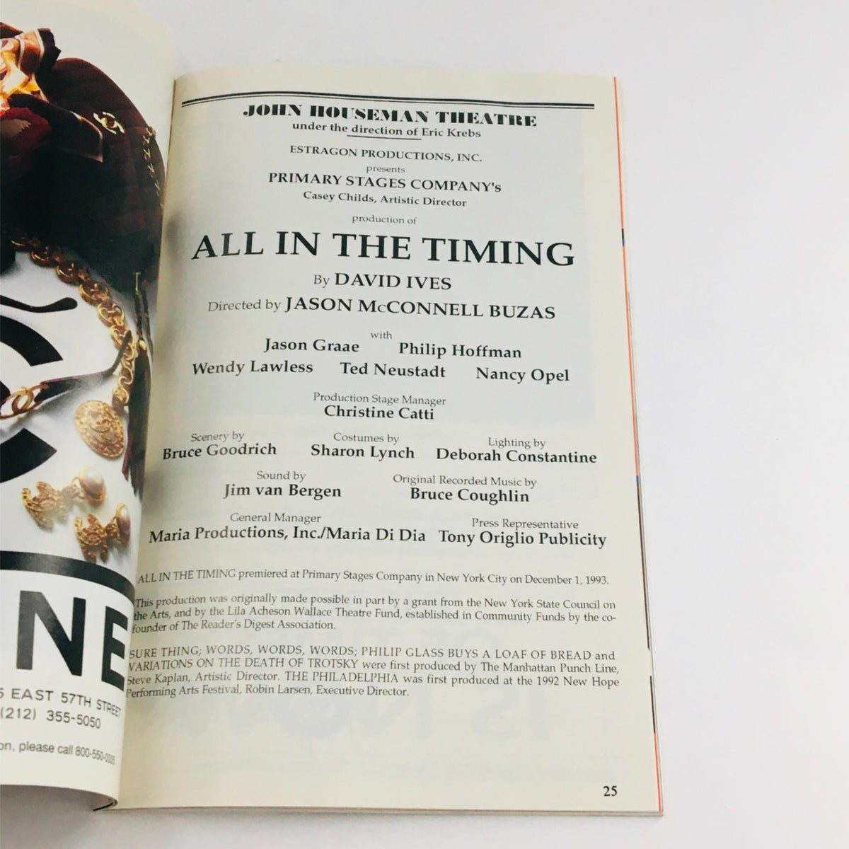 Title page of the 1994 Playbill for 'All In The Timing' by David Ives, presented at John Houseman Theatre, with cast and production credits.