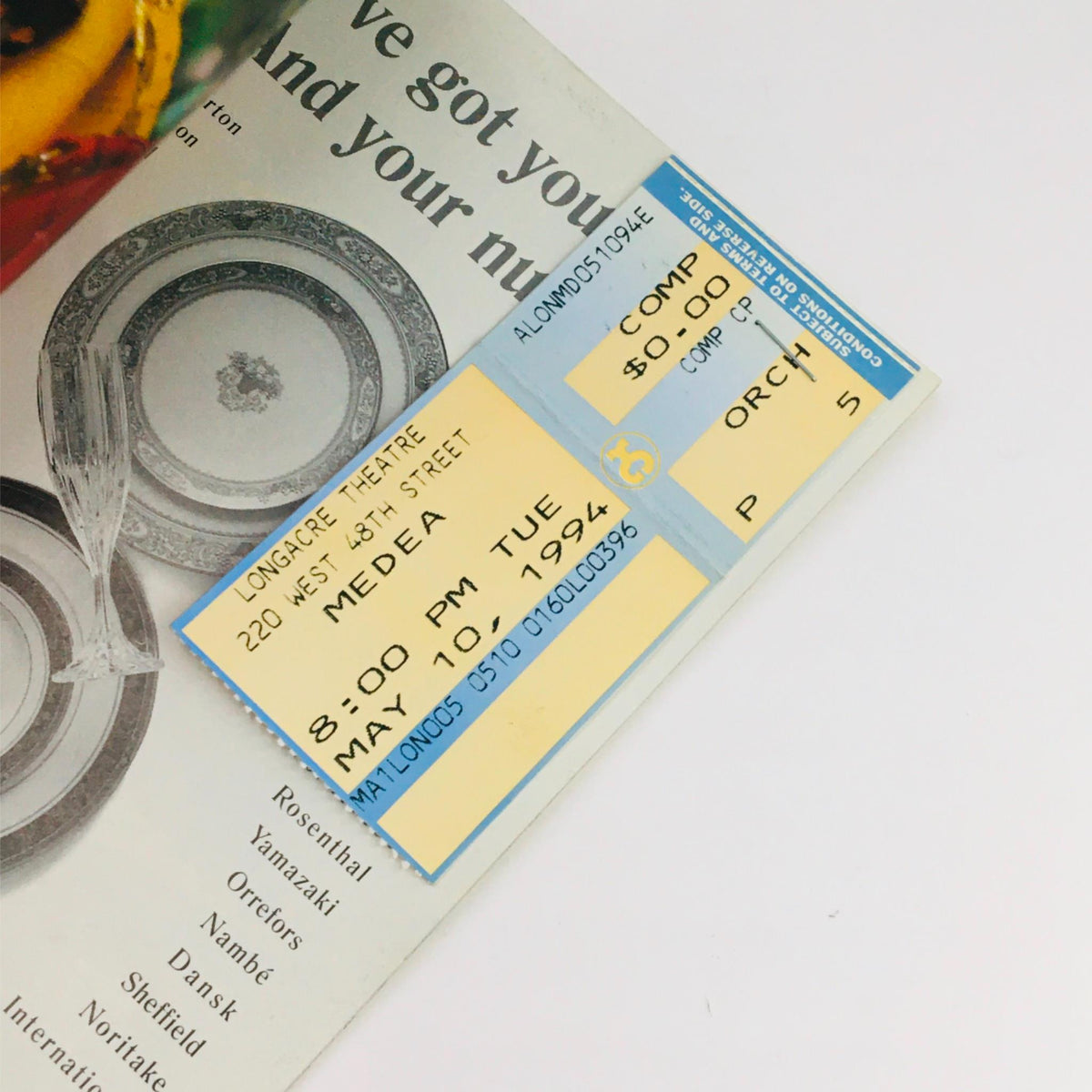 Original ticket for the 1994 Playbill Medea at Longacre Theatre, dated May 10, 1994, featuring seating and performance details.