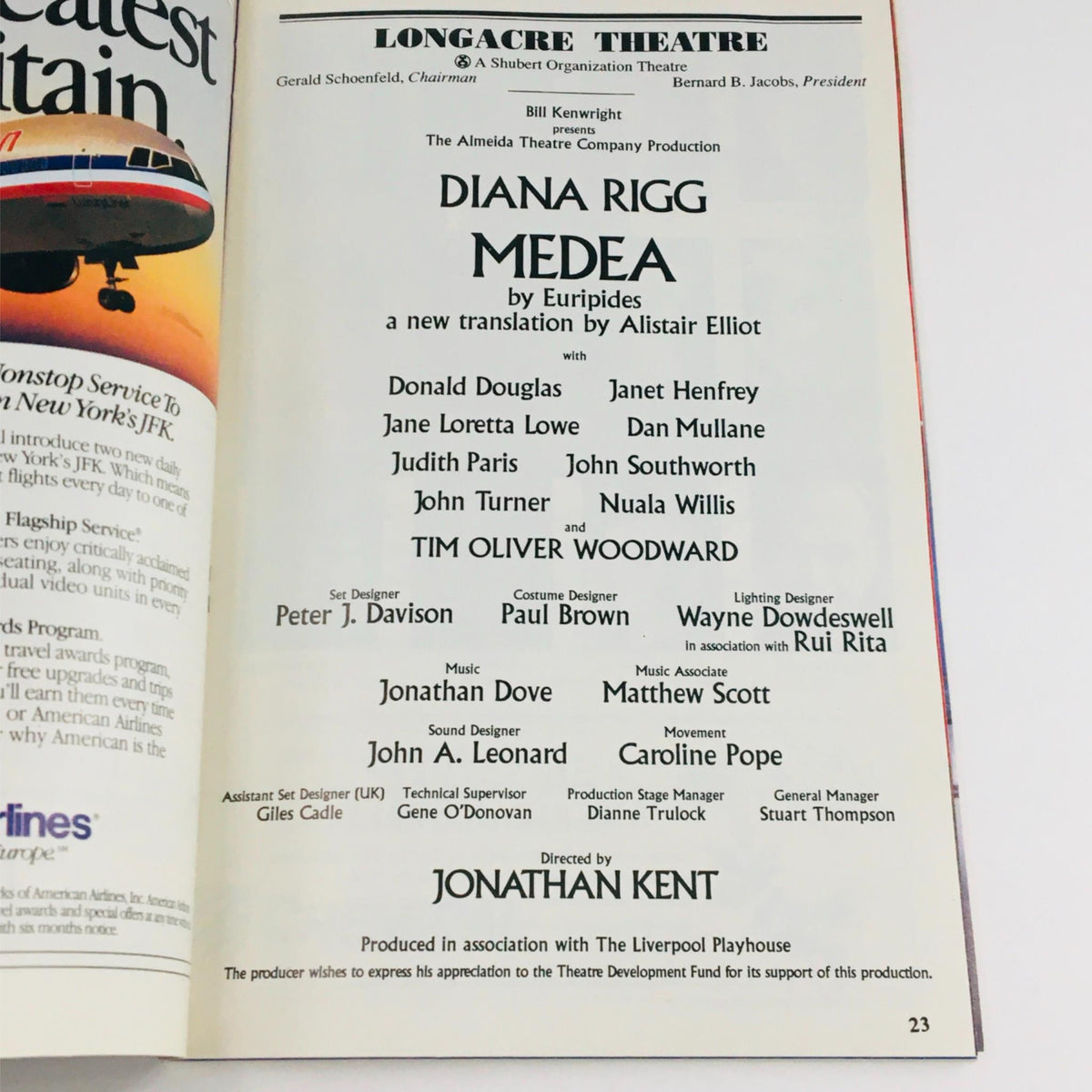 Credits page from the 1994 Playbill for Medea at Longacre Theatre, detailing the cast and production team along with Jonathan Kent as the director.
