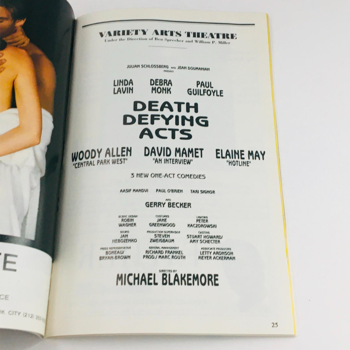 Advertisement page for Death Defying Acts at Variety Arts Theatre, showcasing cast members Woody Allen, David Mamet, Elaine May, and directed by Michael Blakemore.