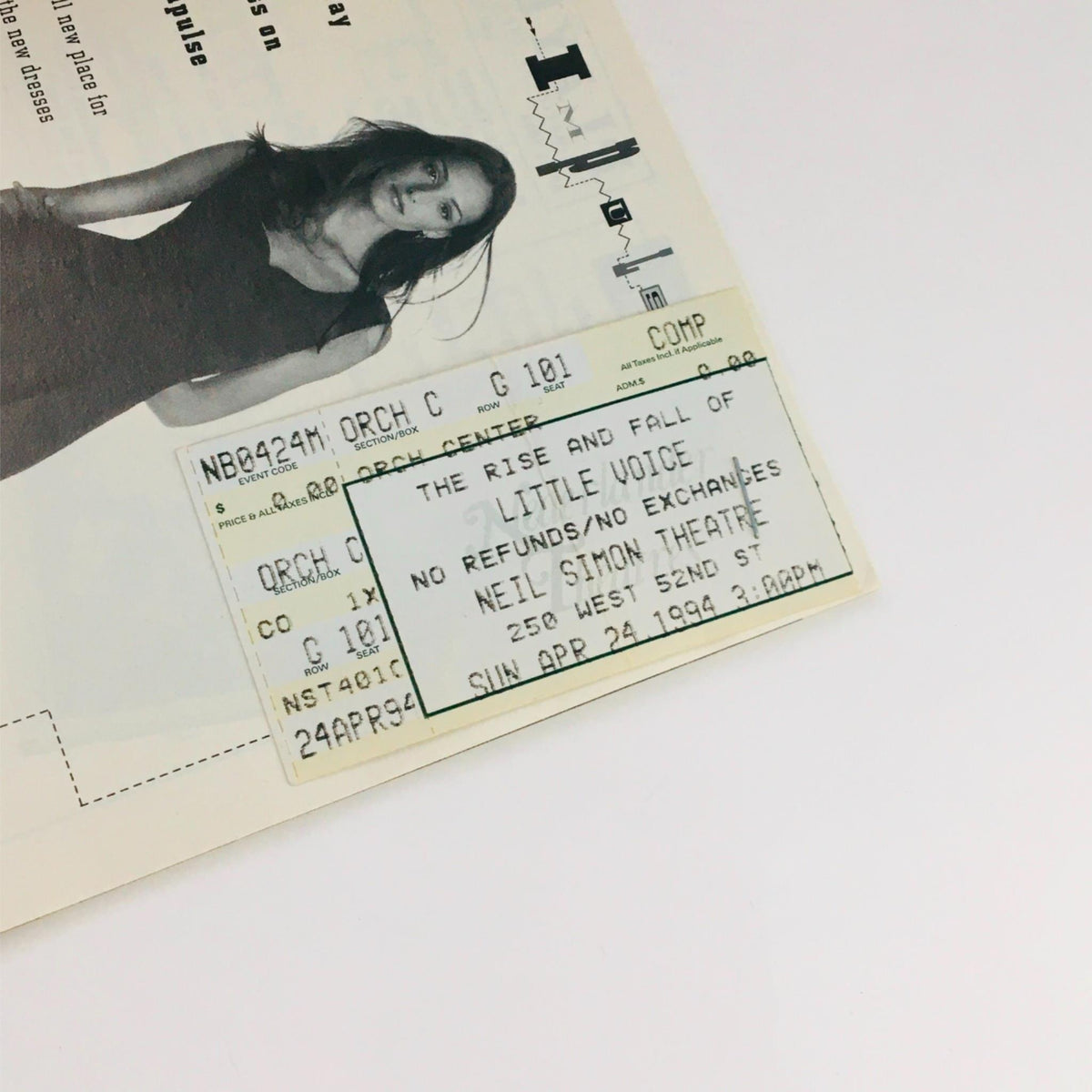 Original ticket for The Rise and Fall of Little Voice dated April 24, 1994, neatly included in the 1994 Playbill at Neil Simon Theatre.