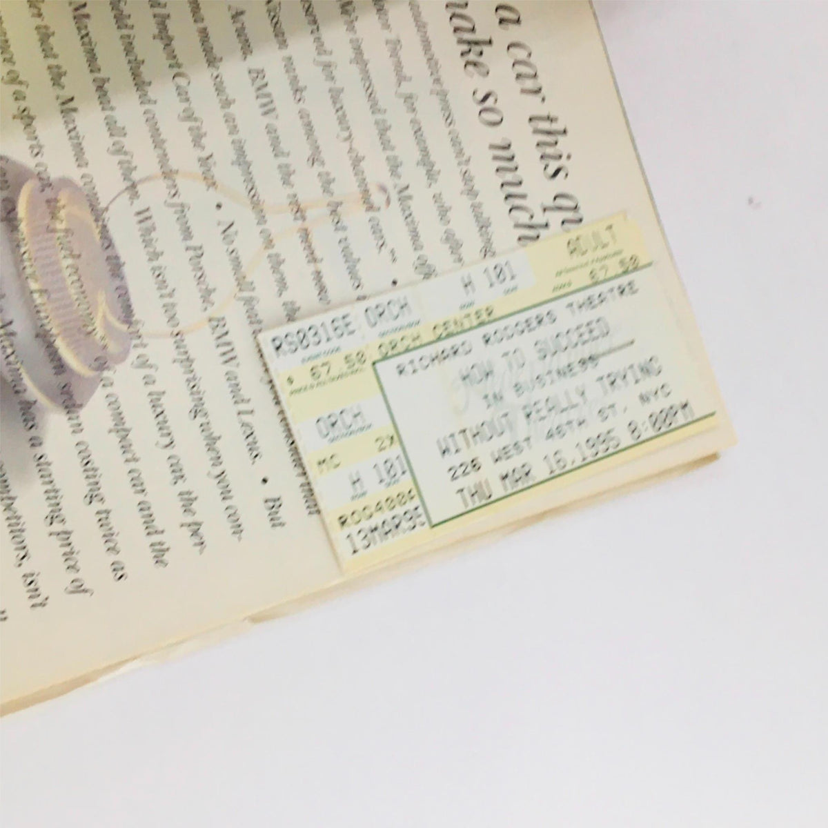 Original ticket for 'How To Succeed In Business Without Really Trying' included in the 1995 Playbill, showcasing performance date and venue details.
