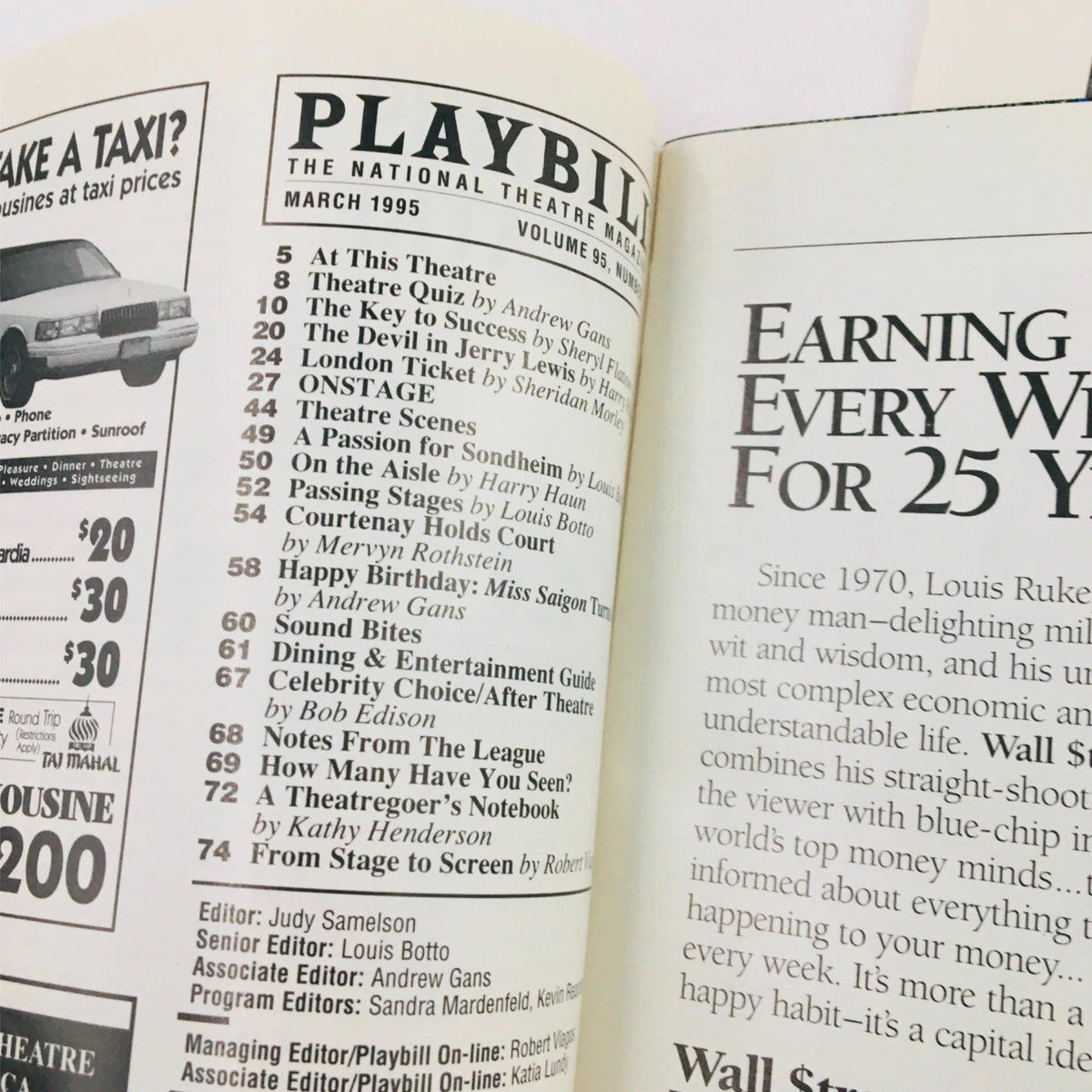Inside page of the 1995 Playbill for 'How To Succeed In Business Without Really Trying', displaying contents and editorial sections.