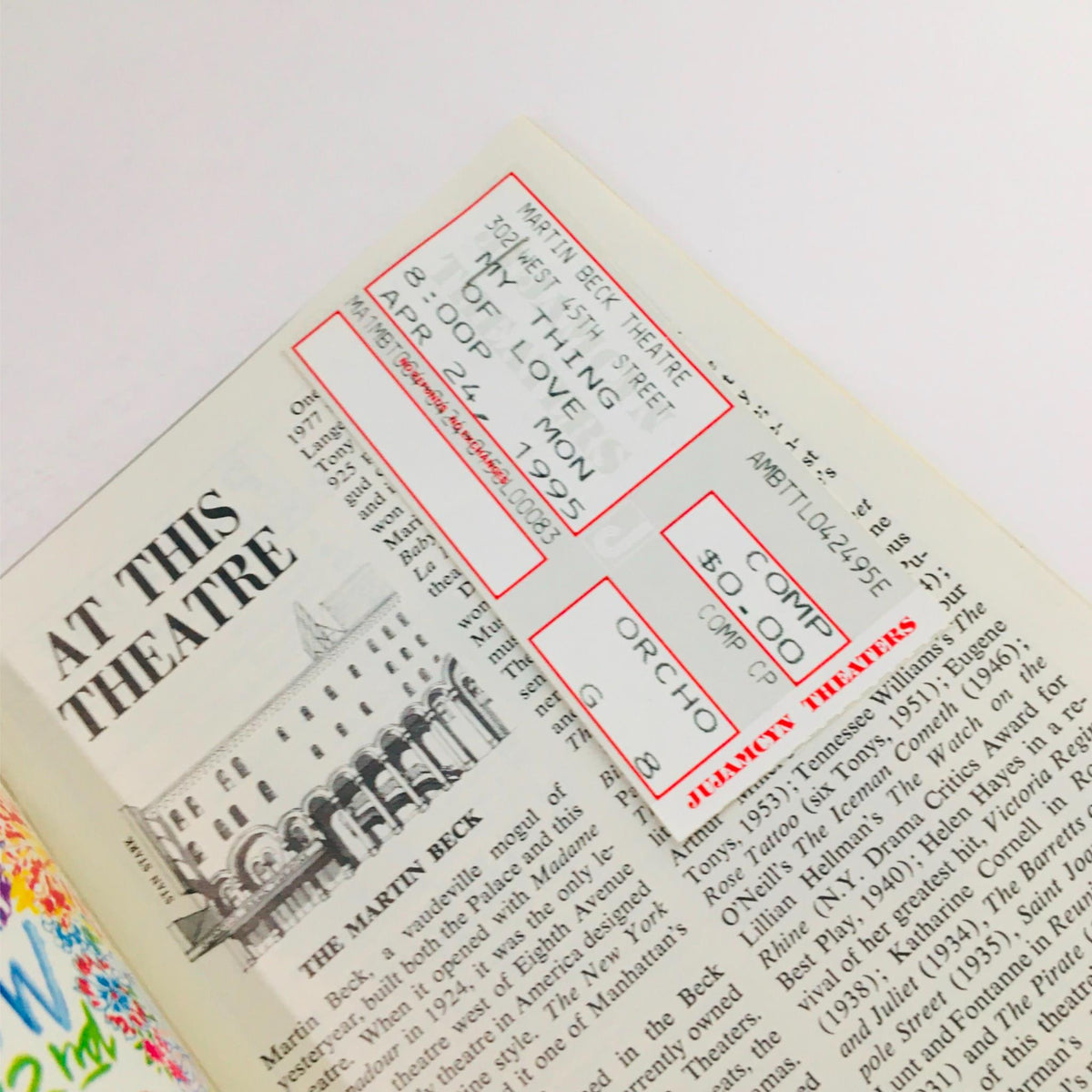 Interior page of 1995 Playbill for My Thing of Love showcasing the original tickets included in the collectible.