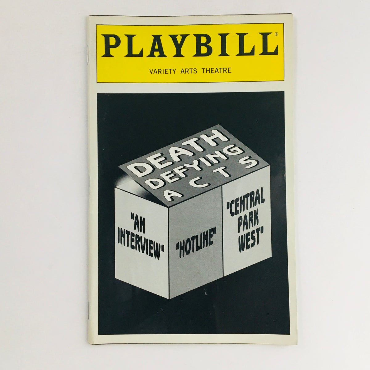 1995 Playbill for Death Defying Acts by Woody Allen at Variety Arts Theatre featuring a striking cover design.