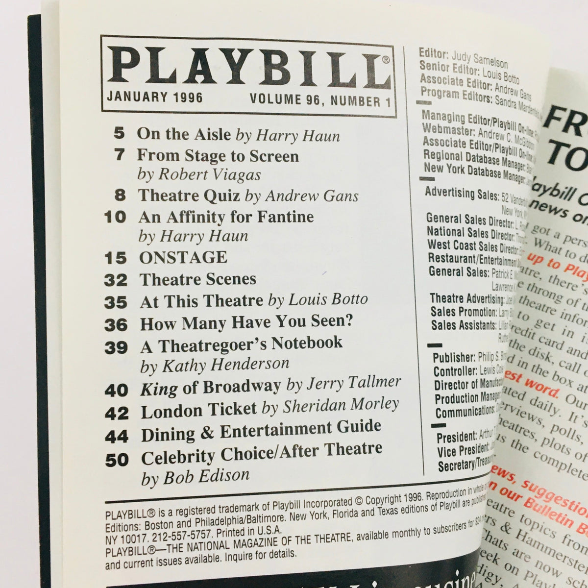 Contents page from the January 1996 Playbill, highlighting articles and features related to theatre and performances.
