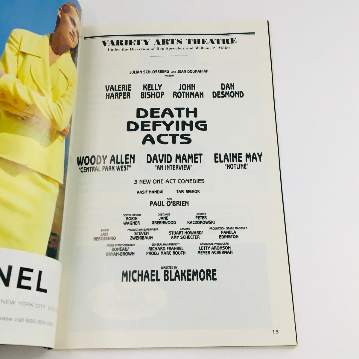 A page from the 1995 Playbill of Death Defying Acts listing the cast and creative team at Variety Arts Theatre.