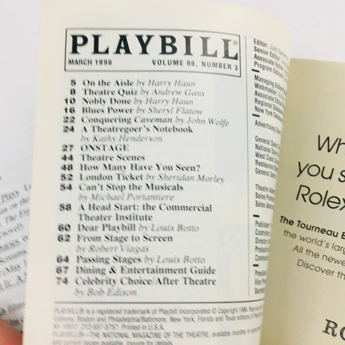 Contents page of the March 1996 Playbill, showcasing an array of performances along with features related to Entertaining Mr. Sloane.
