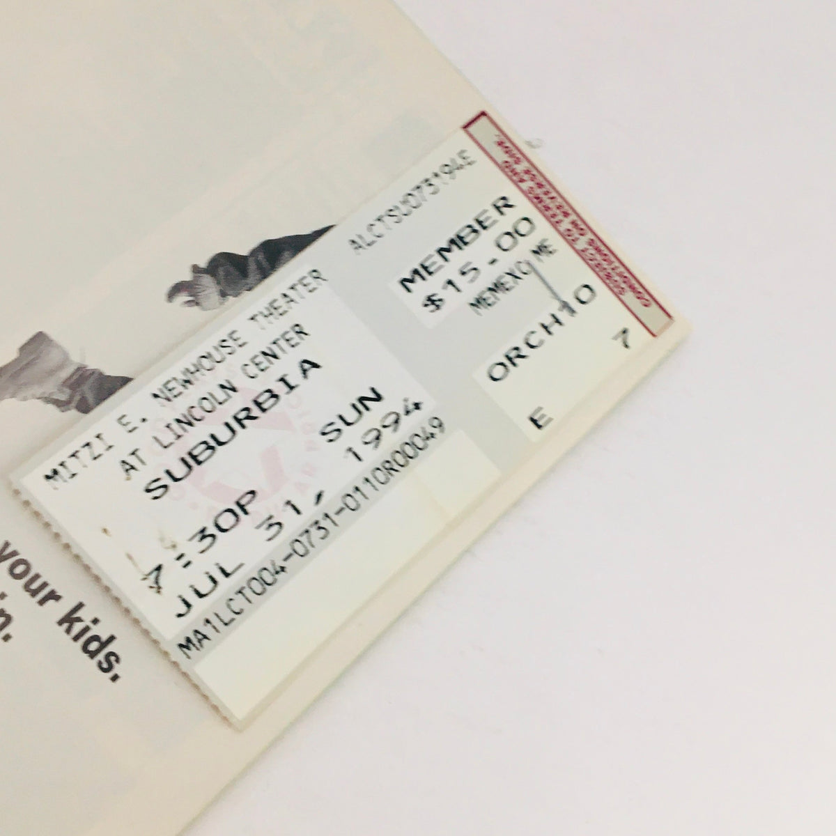 Original ticket from the performance of 'Suburbia' at Lincoln Center Theater, dated July 31, 1994, included with the playbill.