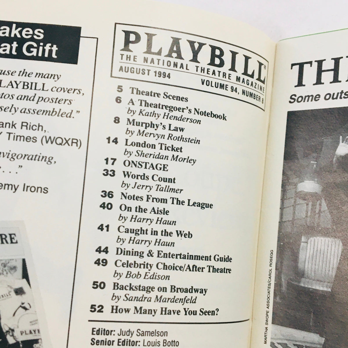 Interior page of the 1994 Playbill for 'Suburbia' detailing the contents and article listings, highlighting its collectible nature.