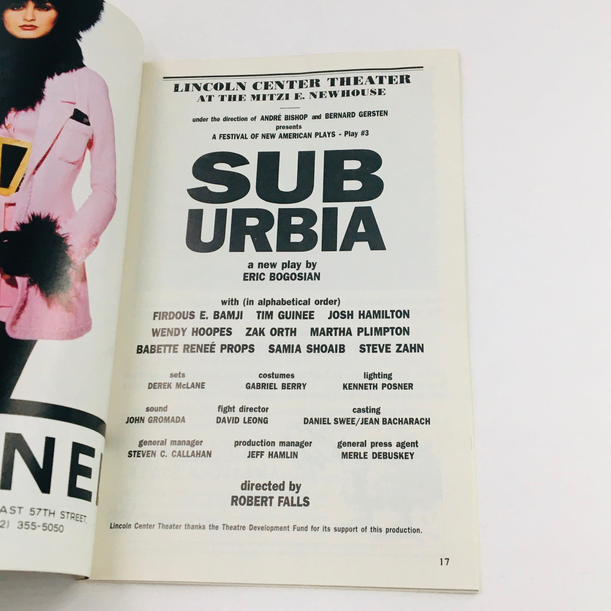 Production credits page from the 1994 Playbill for 'Suburbia' by Robert Falls, outlining cast and crew at Lincoln Center Theater.