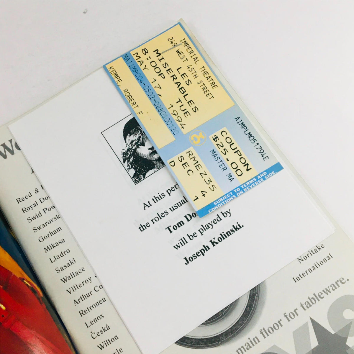 1994 Playbill Les Miserables by Cameron Mackintosh showcasing original tickets dated May 7, 1994, included in the magazine.