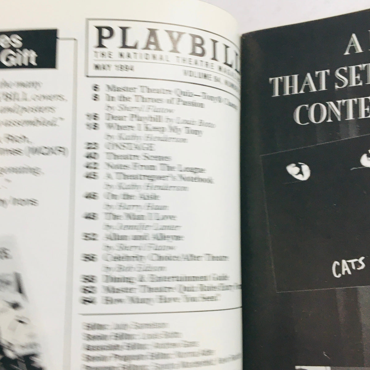 Inside page of the 1994 Playbill Les Miserables by Cameron Mackintosh displaying cast and crew, including notable performances.