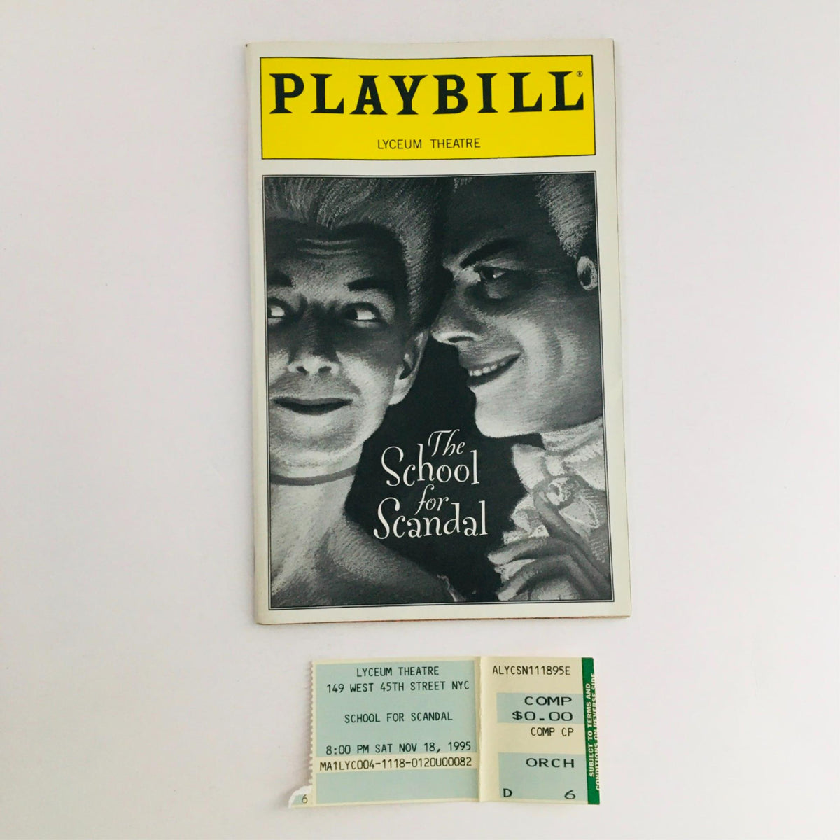 1995 Playbill The School For Scandal featuring artwork showing two characters, with original ticket included, from the production at Lyceum Theatre.