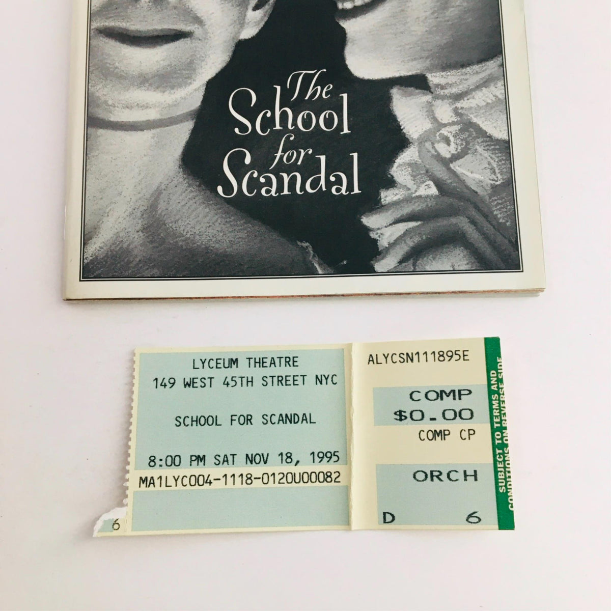 1995 Playbill The School For Scandal with detailed view of the original ticket, showing performance details at Lyceum Theatre.