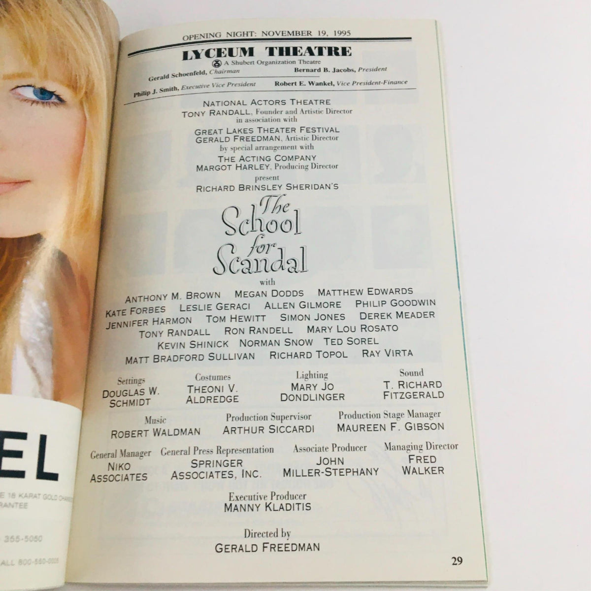 1995 Playbill The School For Scandal featuring opening night credits and production details, directed by Gerald Freedman at Lyceum Theatre.
