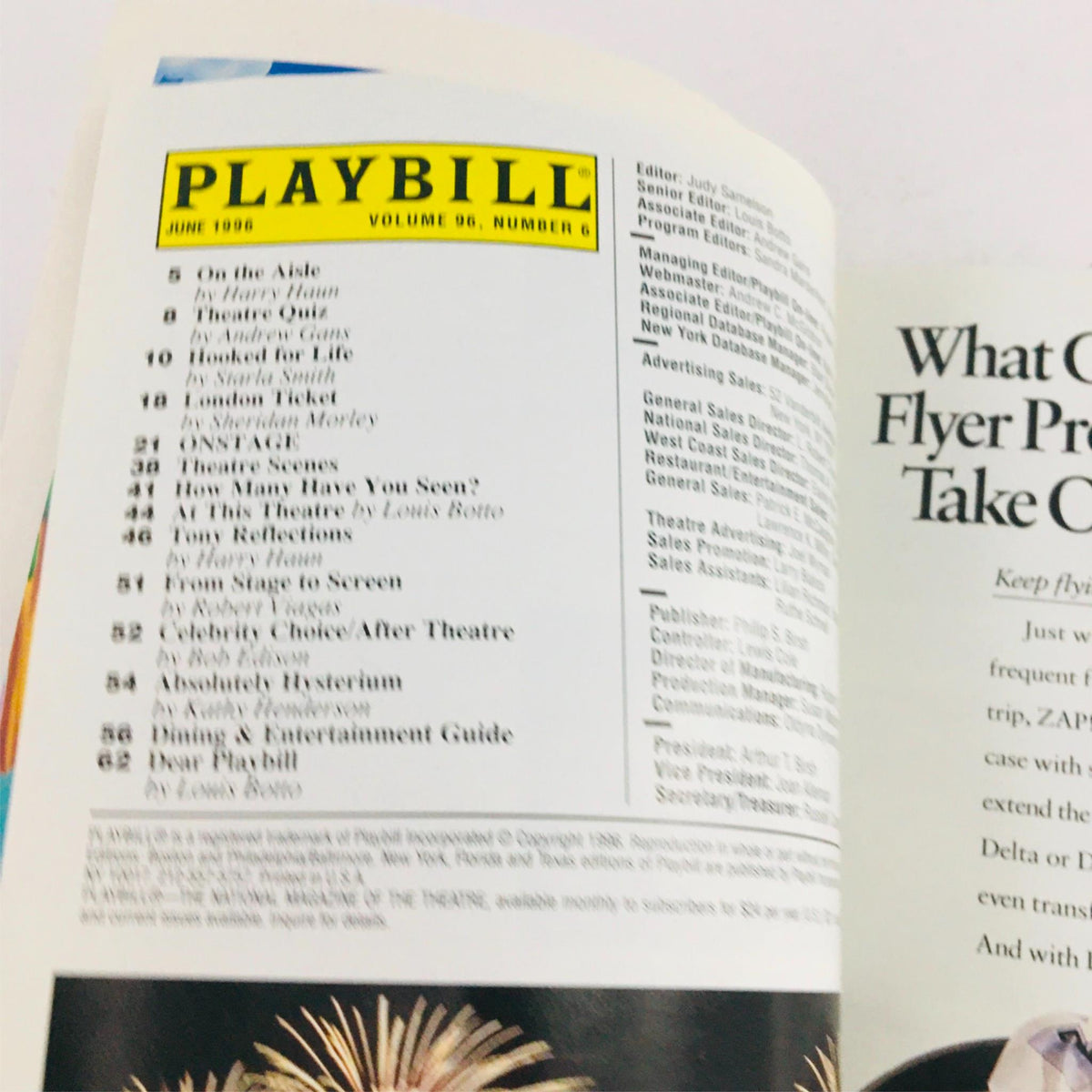 Interior page of the 1996 Playbill Tubes by Blue Man Group, displaying contents and advertising related to the theatrical performance at Astor Place Theatre.