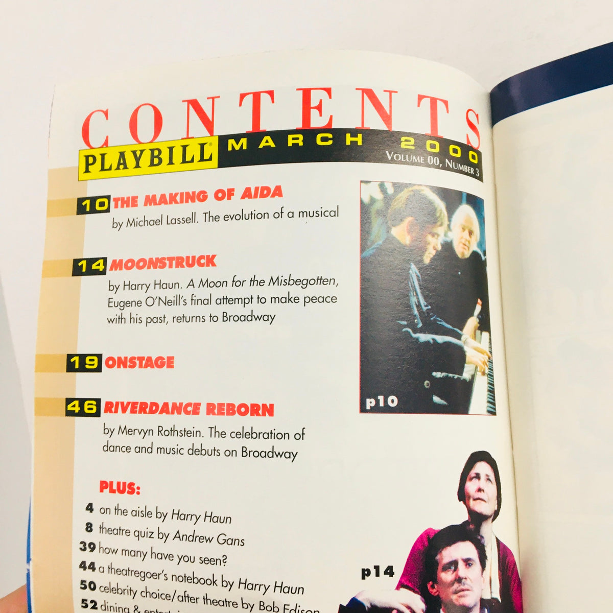 Contents page of Playbill for American Buffalo by David Mamet, featuring highlights from the March 2000 edition, including articles about Aida and Moonstruck.