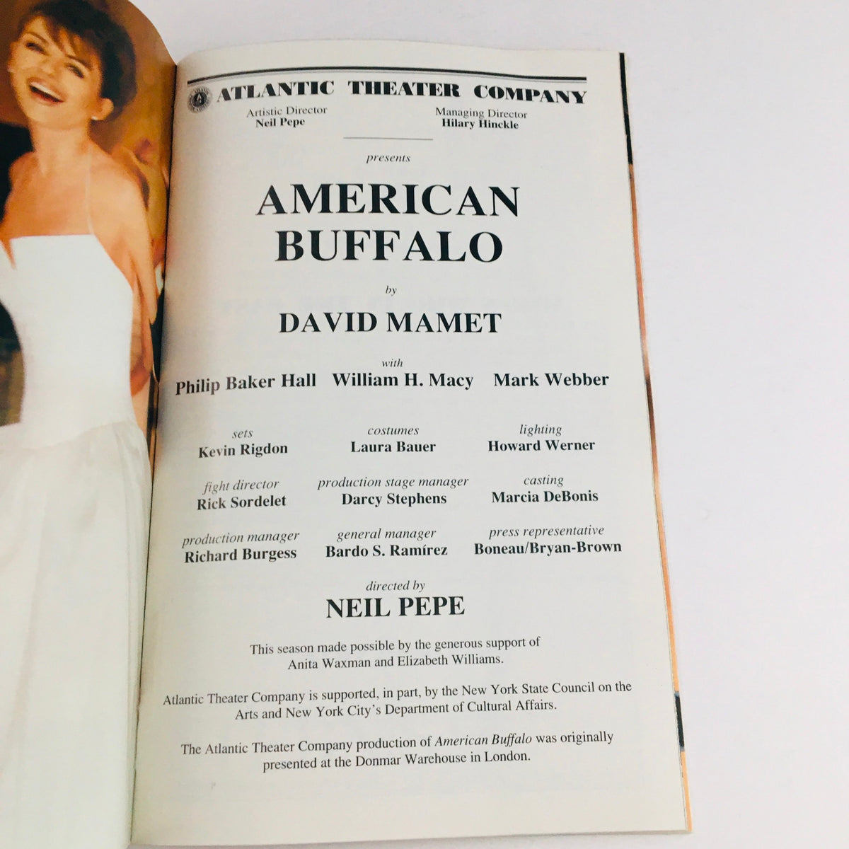 Page from the Playbill for American Buffalo by David Mamet, showcasing cast and crew details, including names like Philip Baker Hall and William H. Macy, under the Atlantic Theater Company.