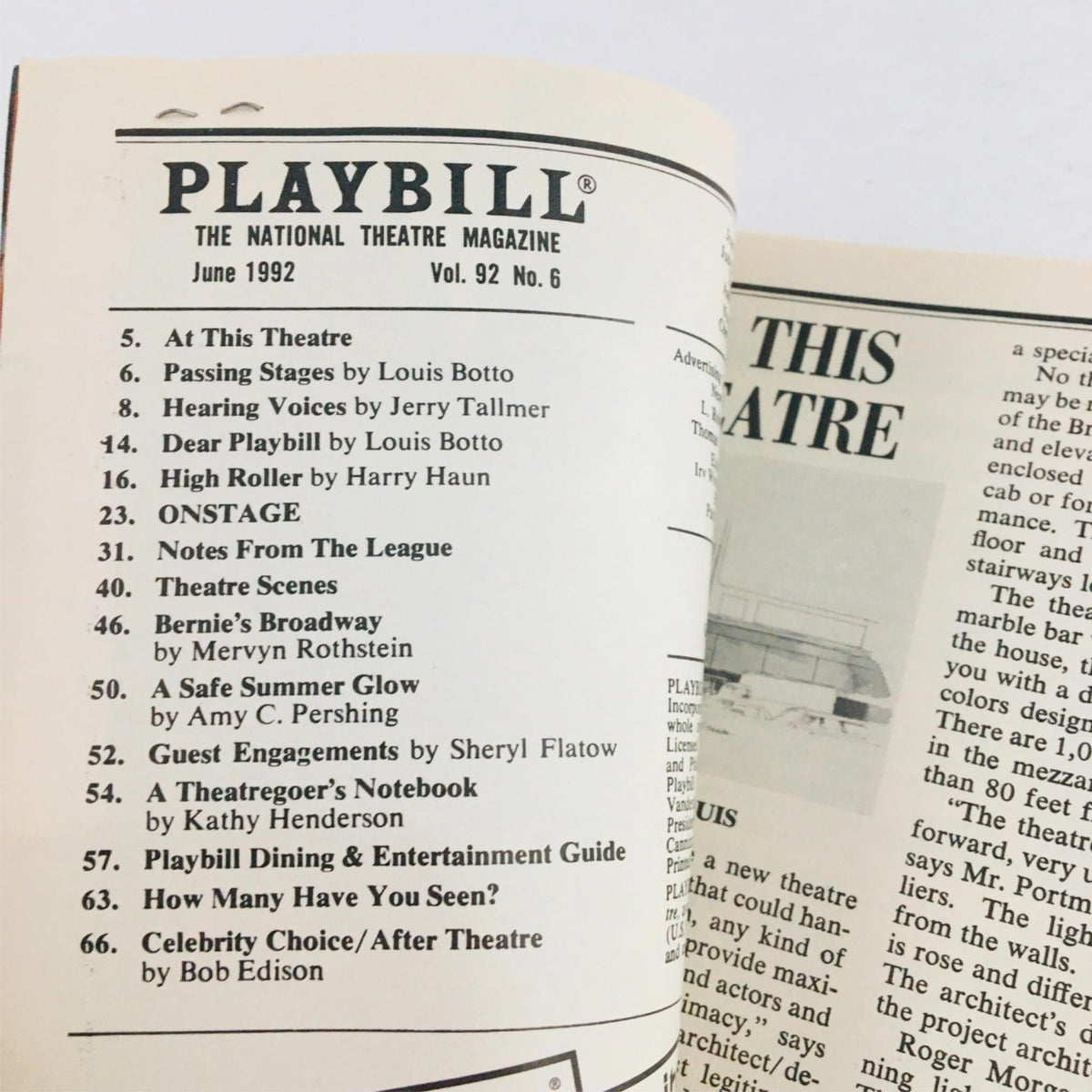 1992 Playbill for Man of La Mancha displaying the June 1992 National Theatre magazine contents.