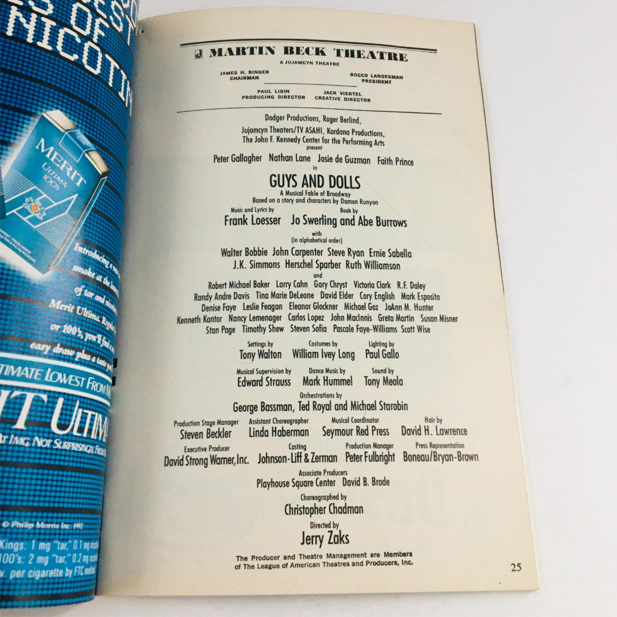 Production details page from the 1992 Playbill Guys and Dolls, listing the cast and crew of the performance directed by Jerry Zaks at Martin Beck Theatre.
