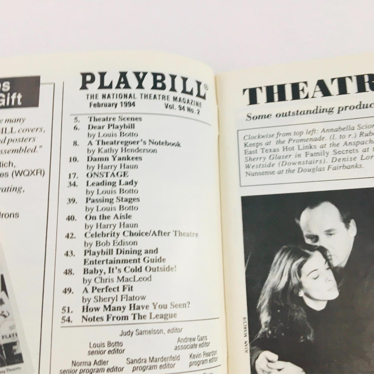 Interior page of the 1994 Playbill Smiling Through, showcasing theatre listings and advertisements from February 1994.